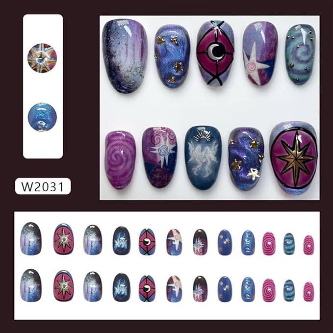24Pcs Halloween Press on Nails Short Almond Fake Nails Star False Nails with Ghost 3D Y2k Gilding Moon Design Glitter Purple Vortex Glue on Nails Full Cover Artificial Stick on Nail for Women DIY