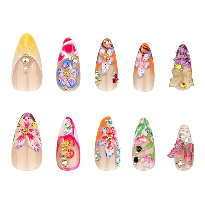 24Pcs Flower Press on Nails Medium Almond Fake Nails 3D Colorful Flowers Butterfly Rhinestones Glitter Designs Full Cover French Tip Stick on Nails Summer False Nails for Women Girls Acrylic Nails