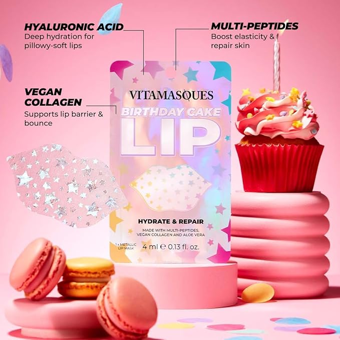 Vitamasques Lip Mask, 3-Pack -Birthday Cake Collagen Lip Mask Sheets, Repair for Dry & Chapped Lips - Nourishing & Hydrating - Vegan & Cruelty-Free Korean Skin Care