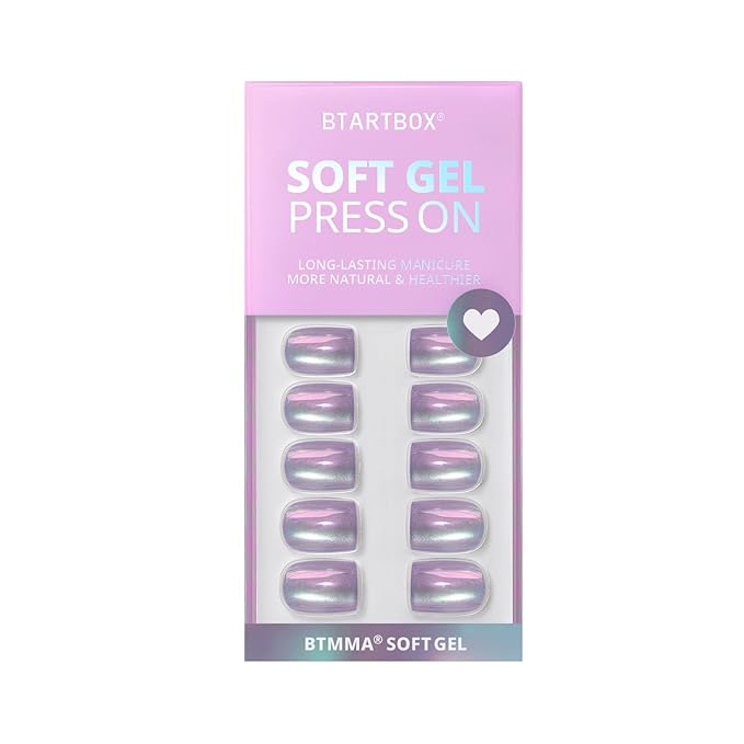 BTArtbox Press On Nails Short - Chrome Cat Eye Square Press On Nails with Glue for Women, Opaque Soft Gel Glue On Nails in 16 Sizes - 32 Stick On Nails Kit, Glass Ocean