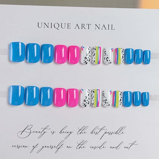 24Pcs Summer Press On Nails Short Square Fake Nails Colorful Line With Leopard Print Design Pink False Nails Blue Glue On Nails Full Cover Artificial Nails Stick On Nails For Women