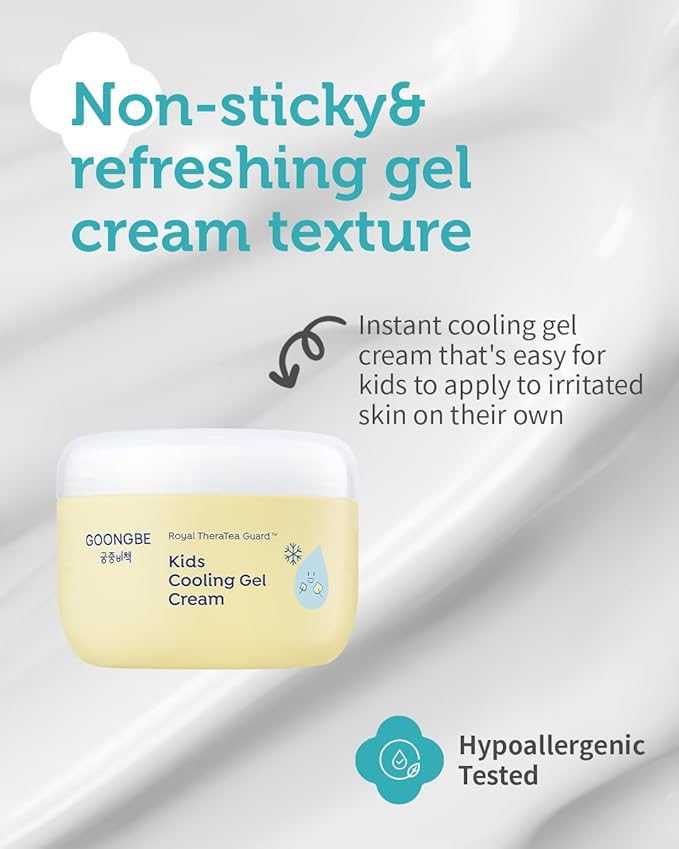 GOONGBE Kids' Cooling Gel Cream - Korean Kids Daily Quick Soothing and Cooling Moisturizer for Face and Body - Fresh Gel for Heated Skin with Cica and Allantoin - Allergen Free Scent, 3.38oz.
