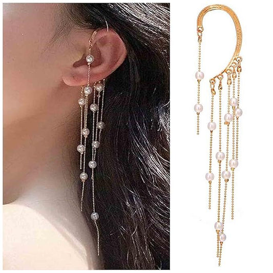 Boho Pearl Ear Wrap Earrings Gold Pearl Ear Cuff Earrings Long Drop Tassel Pearl Earrings Festival Gothic Earrings Non Piercing Ear Climber Cartilage Earrings Jewelry for Women and Girls