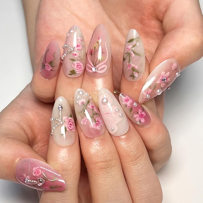 24Pcs Peach Blossom Press on Nails Short Almond Fake Nails Pink Flower False Nails with Pearl Heart Bow Design Spring Summer Artificial Nails Handmade Stick on Nails Full Cover Glue on Nails for Women