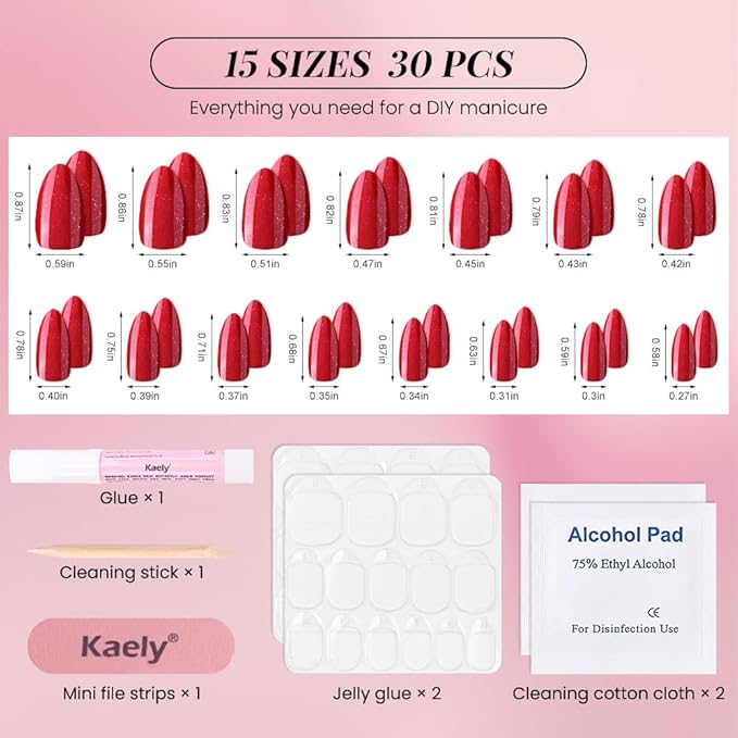 evpct Press on Nails Almond Short, Ruby Red Glitter Shimmer Shiny Short Almond Fake Nails for Women Gift, Soft Gel Press Glue On Nails with Nail Glue, 30Pcs Reusable Acrylic Fake Nail Manicure Kit