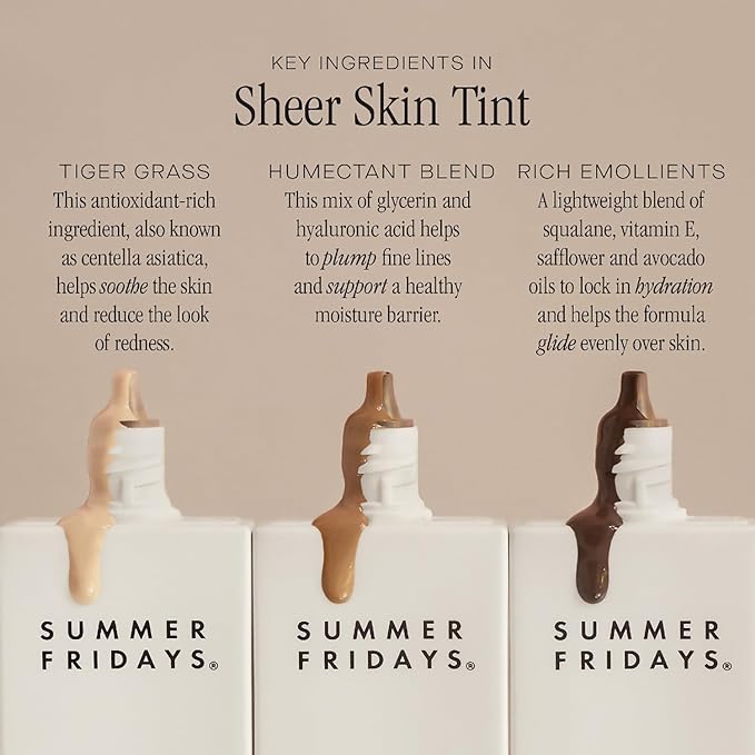 Summer Fridays Sheer Skin Tint - Tinted Moisturizer with Hyaluronic Acid - Helps Diminish Uneven Skin Tone - Sheer to Light Coverage - Shade 4.5 - Medium with Cool Peach Undertones (1 Fl Oz)