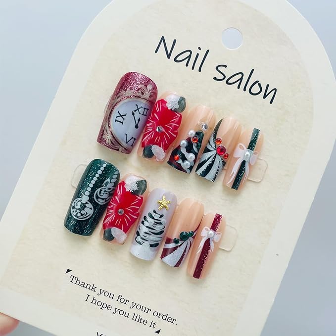 24Pcs Christmas Press on Nails Long Square French Tip Fake Nails 3D Flower Acrylic Nails Christmas Tree with Rhinestones Design Winter False Nails Reusable Handmade Stick on Nail for Women Manicure