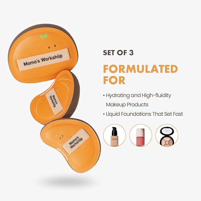 Momo's Workshop Orange Makeup Sponge Set (3pcs) – Large Soft Bounce & Small Firm Bounce PU Leather Puff, Halloween Makeup Sponge for Liquid & Cream Makeup & Storage Case