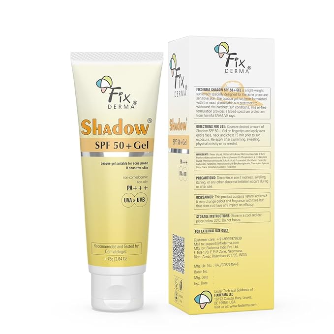 Fixderma Shadow SPF 50+ Gel Sunscreen for Face | Titanium Dioxide & Zinc | Broad Spectrum UVA and UVB Protection | Water Resistant, Lightweight Sunscreen - 2.64 Oz