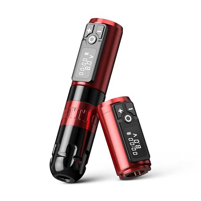 Ambition Soldier Rotary Battery Pen with Extra Battery Tattoo Cartridge Machine 2400mAh Wireless Power Coreless Motor Digital LED Display Tattoo Equipment Supply (Polish Red)