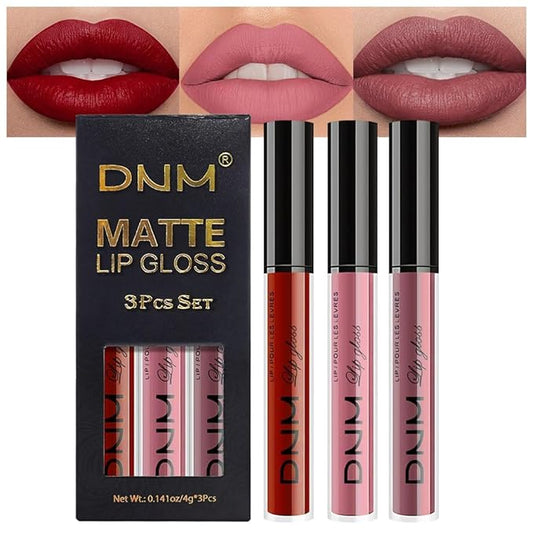 AMY'S DIARY 3Pcs Matte Liquid Lipstick Set, Classic Red Soft Pink Nude Rosewood Mauve Lip Stain Kit, LipStain Long Lasting 24 Non-Transfer Lip Gloss, Waterproof Lip Makeup for Women Lippies