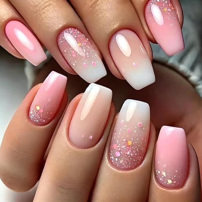 Coffin Square Press on Nails Gradient Pink White Fake Nails French Acrylic Full Cover False Nails with Glitter Designs Glossy Glue on Nails Short Stick on Nails Artificial Nails for Women Girls 24PCS