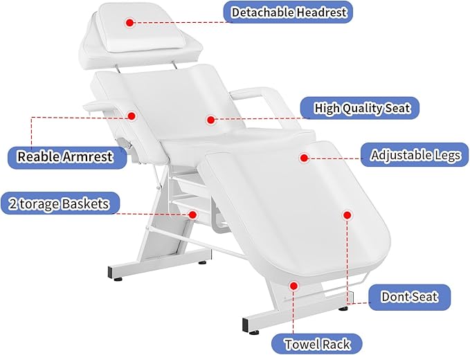 Facial Chair Tattoo Chair for Client Adjustable 3-Section Multipurpose with Hydraulic Stool for Esthetician Beauty Spa Tattoo Eyelash Equipment White