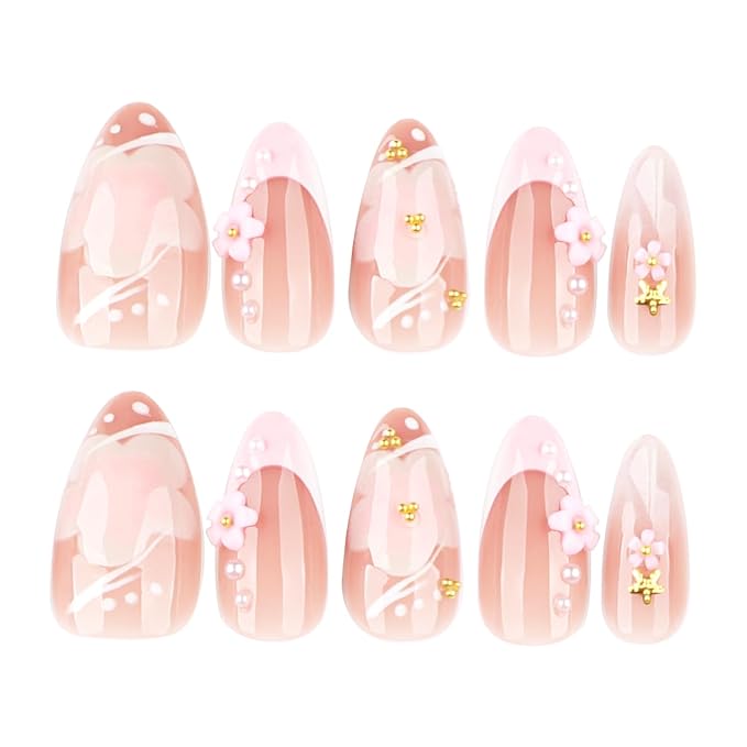 24pcs White French Tip Press on Nails Short Almond Fake Nails with 3D Pink Flower Pearl Designs Gold Beads Stick on Nails Summer False Nail Tips Cute Floral Acrylic Nails Glue on Nails for Women