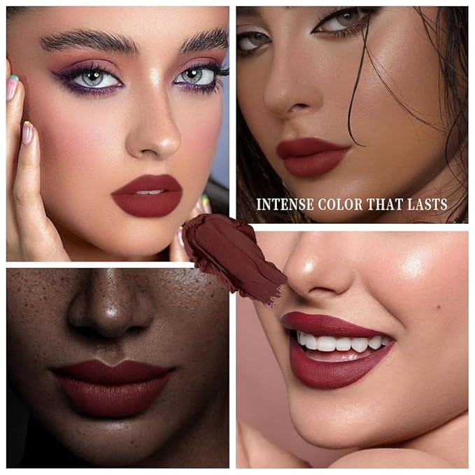 Purple Red Matte Cream Lipstick,Velvet Waterproof Long Lasting Smudge Proof for Women Lip Stick,Magic Lipstick 24 Hours Original Lip Liner Makeup,labiales mate 24 horas originales,Vegan,1 Count