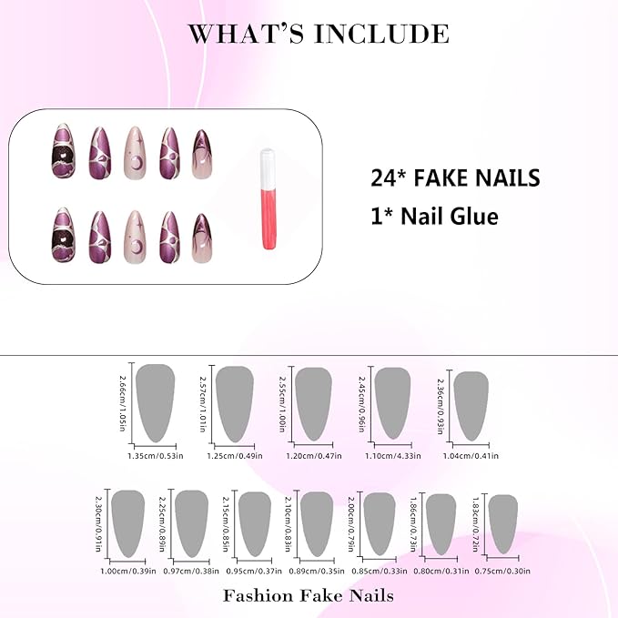 IMRAIN Press on Nails Almond Medium Fake Nails Purple Glue on Nails with Cat's Eye Designs Full Cover Moon Star French Tips False Nails Manicure Y2K DIY Nail Art 24Pcs Glossy Stick on Nails