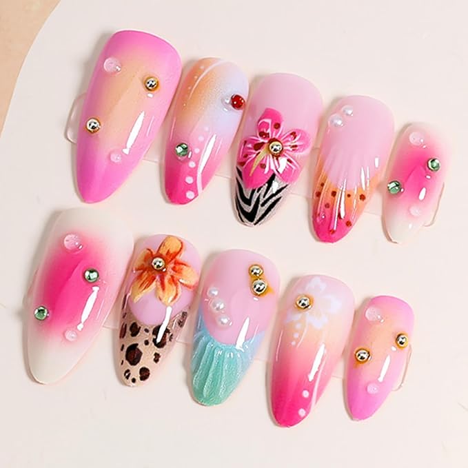 24Pcs Flower Press on Nails Medium Almond Fake Nails with leopard French Tip Nails Design Gold Silver Pearl False Nails Full Cover Artificial Glue on Nails Spring Summer Stick on Nails for Women DIY
