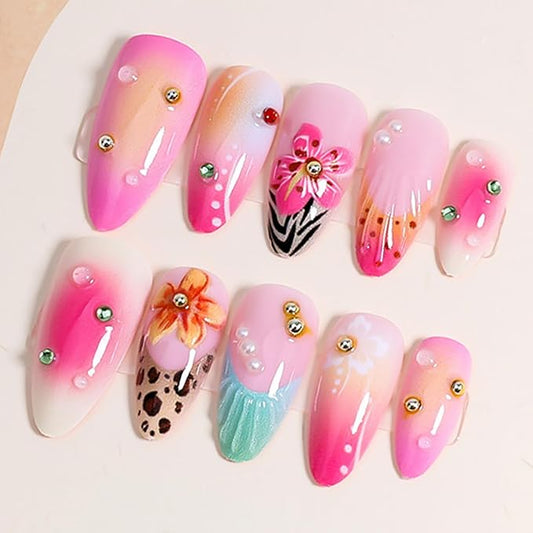 24Pcs Flower Press on Nails Medium Almond Fake Nails with leopard French Tip Nails Design Gold Silver Pearl False Nails Full Cover Artificial Glue on Nails Spring Summer Stick on Nails for Women DIY
