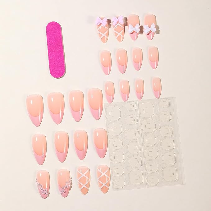 24Pcs Bow Press on Nails Pointed Almond Fake Nails with Pink White French Tip Design Bow Charms False Nails Full Cover Artificial Glue on Nails Nude Stick on Nails Pearl Nail Supplies for Women DIY