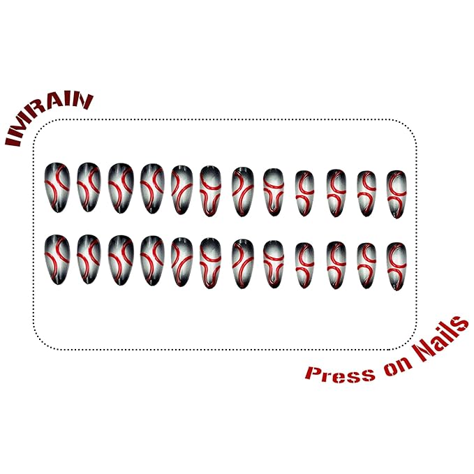 IMRAIN Press on Nails Medium Almond Fake Nails Black White Ombre False Nails with 3D Red Line Designs Full Cover Glossy Y2K DIY Nail Supplies Glue on Nails Stick on Nails for Women Girls 24Pcs