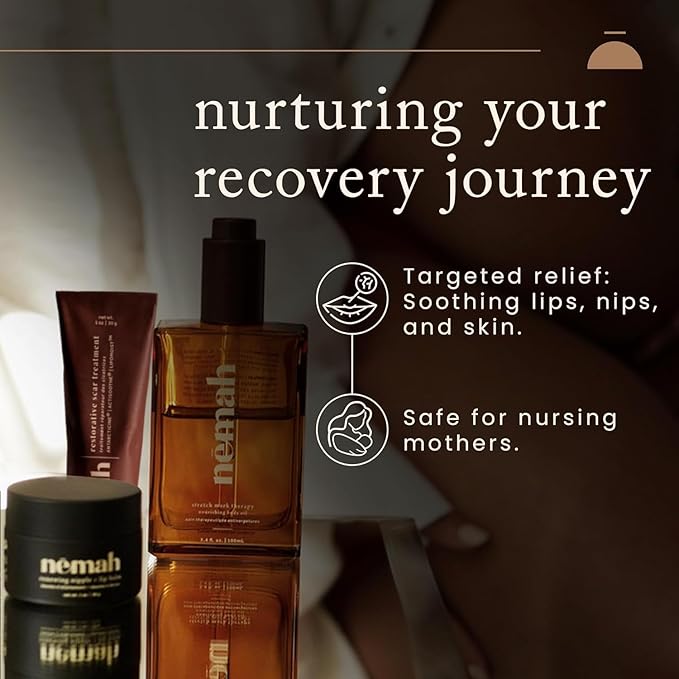 New Mama Postpartum Kit - Nourishing Belly Oil, Restorative Scar Treatment and Renewing Nipple + Lip Balm, Stretch Mark Oil, Natural Scar Cream, Nourishing and Soothing Nipple Cream Balm