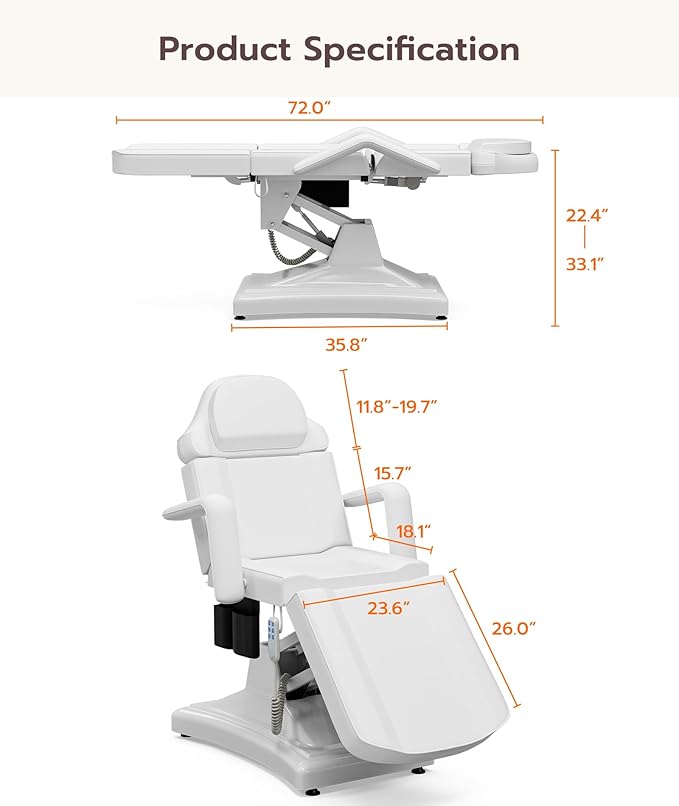 Icoget Fully Electric Tattoo Chair Esthetician Bed for Clients, 3-Motor Adjustable Spa Table Facial Bed for Lashing, Waxing, Professional Aesthetics Chair for Salon, White