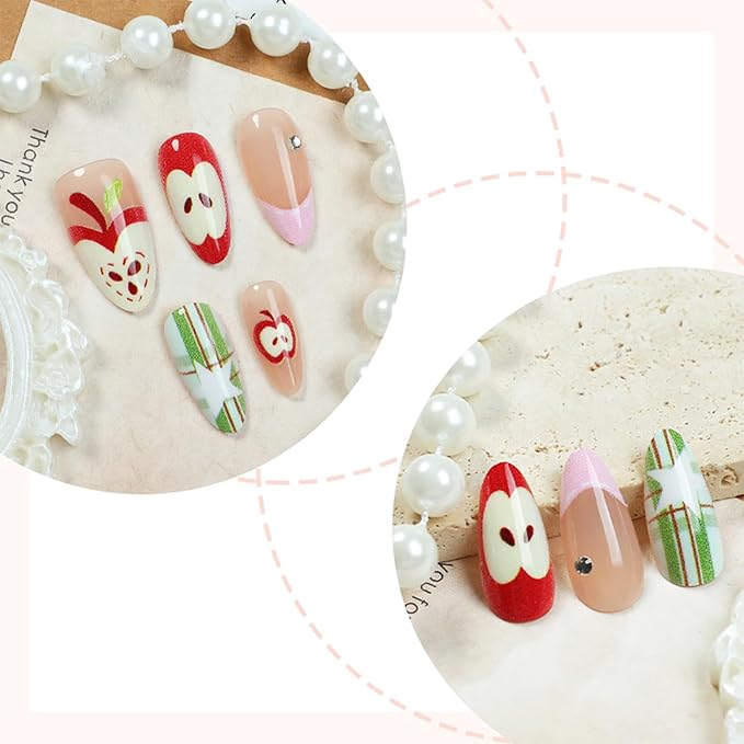 30 Pcs Fruit Press on Nails Medium Almond Fake Nails with Apple Star Designs Pink French Tip False Nails Fruit Acrylic Nail Tips Cute Full Cover Stick on Nails for Women Summer Fall Nail Decoration