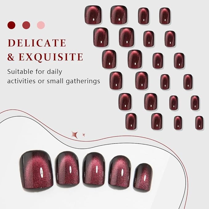 evpct Wine Red Cat Eye Extra Short Press on Nails Square, Petite Short Square Glue on Nails for Women Gift, Black Wine Red Metallic Glitter Glossy Reusable Gel Press on Acrylic Fake Nail with Designs