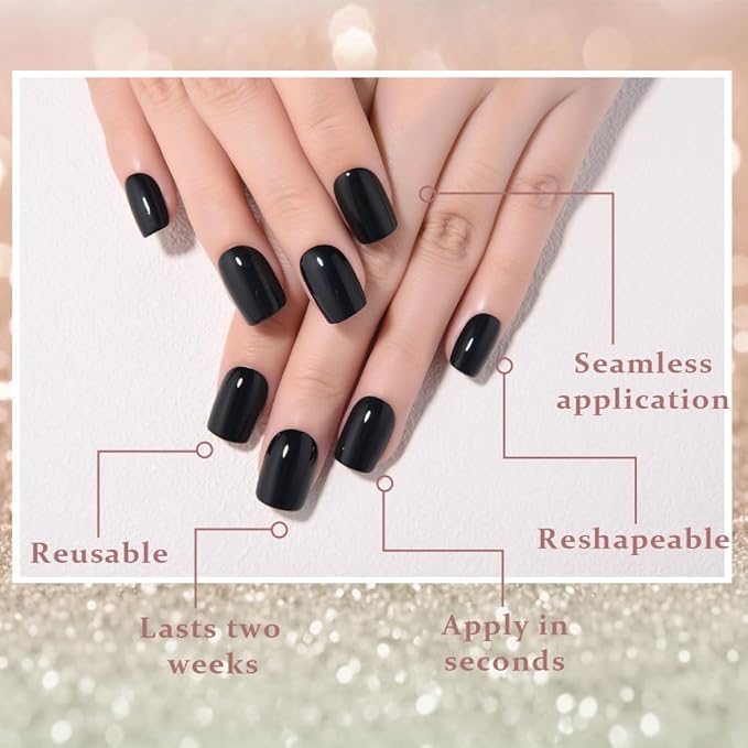 evpct Black Short Squoval Glossy Press on Nails for Women Gift, Glossy Black Fake Nail with Nail Glue Manicure Kit, Soft Gel Full Cover Reusable Stick on Glue on Acrylic False Nails Perfectly Fit