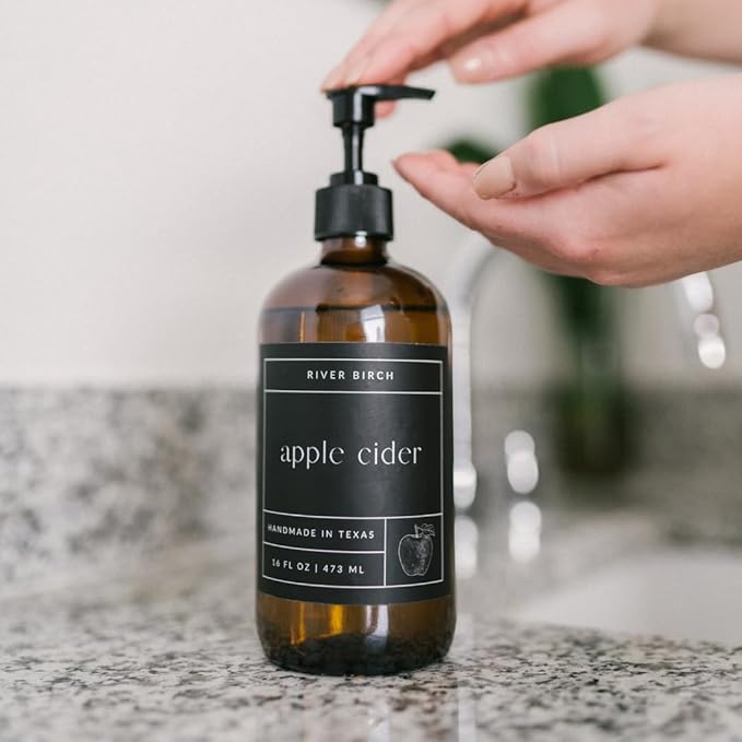 River Birch Apple Cider Scented Natural Hand Soap - Handmade Soap - Moisturizing Hand Wash with Amber Glass Dispenser - Luxury Scented Hydrating Hand Soap - Vegan and Non-Toxic - 16 Fl Oz