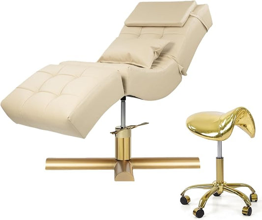 TATARTIST Curved Lash Bed Eyelash Extension Table High Density Sponge Comfortable Beauty Salon Treatment Table with Adjustable Backrest and Legrest (Light Khaki + Salon Stool)