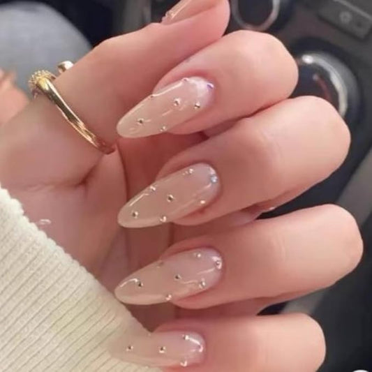 Nude Rhinestone Rhinestone Press On Nails Medium Almond False Nails 24Pcs Glue On Nails Artificial Acrylic Full Cover Glossy Stick On Nails