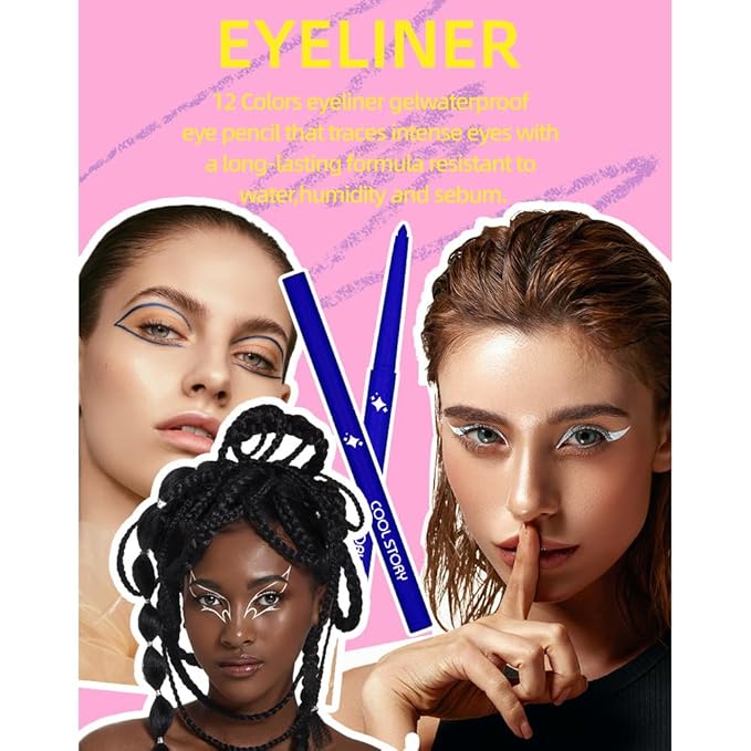 12 Colors Shimmer Eyeliner Pen Set, Waterproof, Long-Lasting, Glitter Eyeliner for Bold Eye Makeup, Metallic Glitter Finish, Eye Liner For Older Women, lapiz de ojos delineador de ojos contra el agua