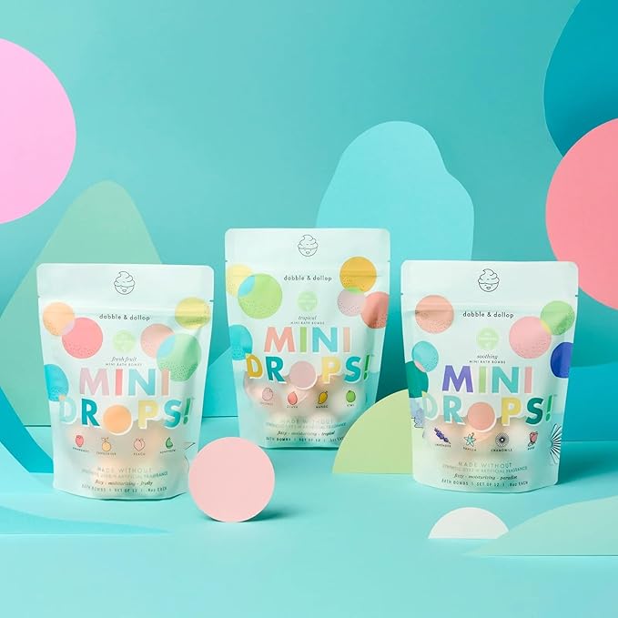 Dabble & Dollop Mini Bath Bombs, 100% Natural Droplets for Kids, Variety Pack - Resealable Pouches, Fizzy, Moisturizing & Fun, Vegan, Gluten-Free, Cruelty-Free (Set of 36)