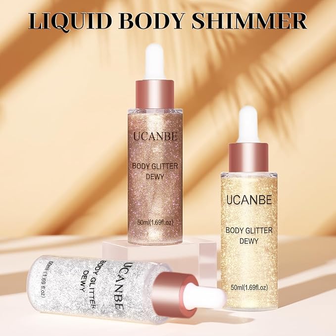UCANBE Hydrating Body Glitter Dewy Highlighter Makeup Luminizer Drops Body Shimmer Liquid Face Glow Sparkles for Women Gifts (Rose Gold - 03)