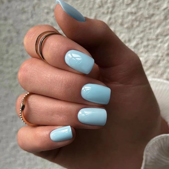 KQueenest Short Press-on Nails - Square, Baby Blue, Glazed Gel, Acrylic, Pure Fake, Short, Natural, Petite, Bright, Stick-on Nails for Fingers