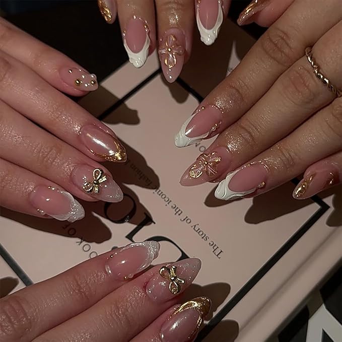 24Pcs Flower Press on Nails Medium Almond French Tip Fake Nails with White 3D Ripple Design Gilding Pearl False Nails Full Cover Artificial Glue on Nails Spring Summer Stick on Nails for Women DIY