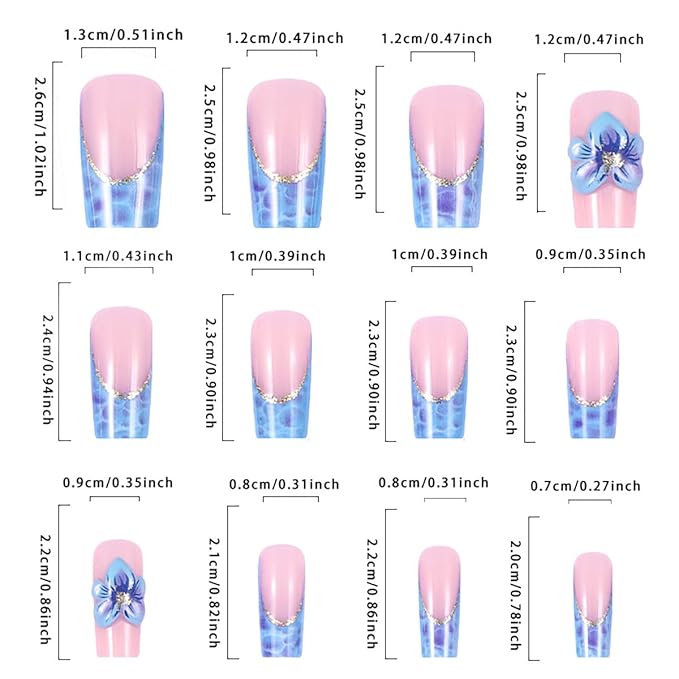24Pcs Blue French Tip Press on Nails Medium Square Fake Nails Blue Flower Acrylic Nails Gold Glitter Nails Tip Design Summer Glue on Nails Cute False Nails 3D Floral Stick on Nails Decor for Women