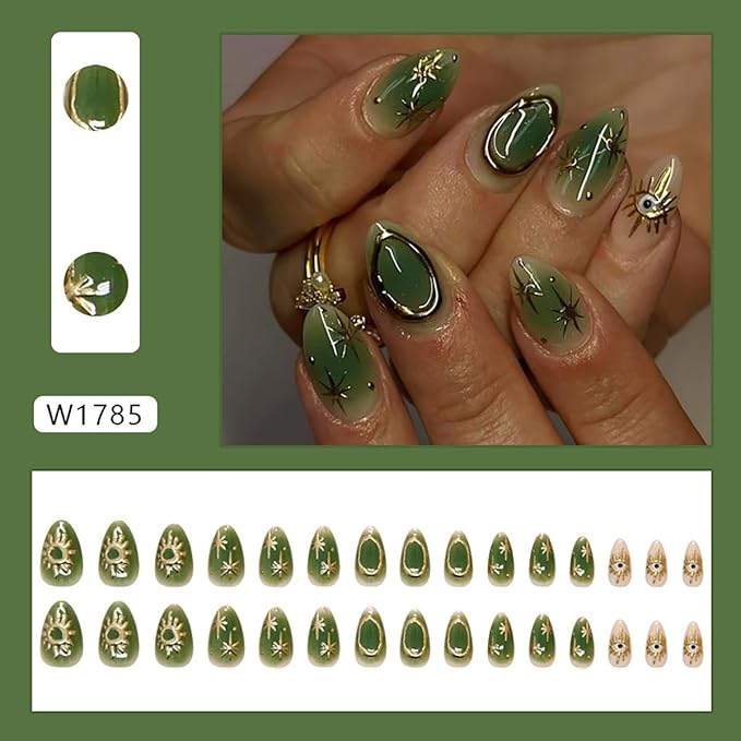 24Pcs Gold Chrome Press on Nails Short Almond Fake Nails with 3D Star Sun Eye Design Full Cover Glue on Nails Handmade False Nails Green Acrylic Nails Stick on Nails for Women Gothic Manicure Decor