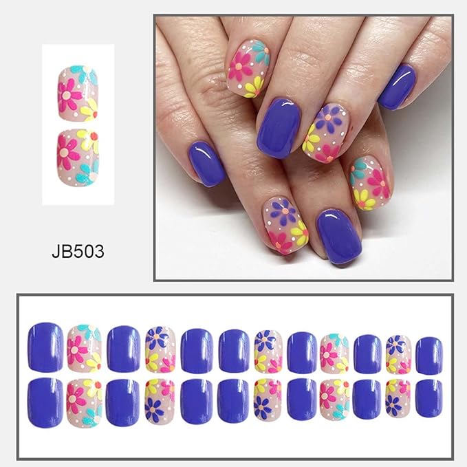 Square Press on Nails Short Fake Nails Purple False Nails with Flower Design Cute Acrylic Nails Full Cover Glue on Nails Artificial Nails Glossy Stick on Nails for Women Manicure 24Pcs