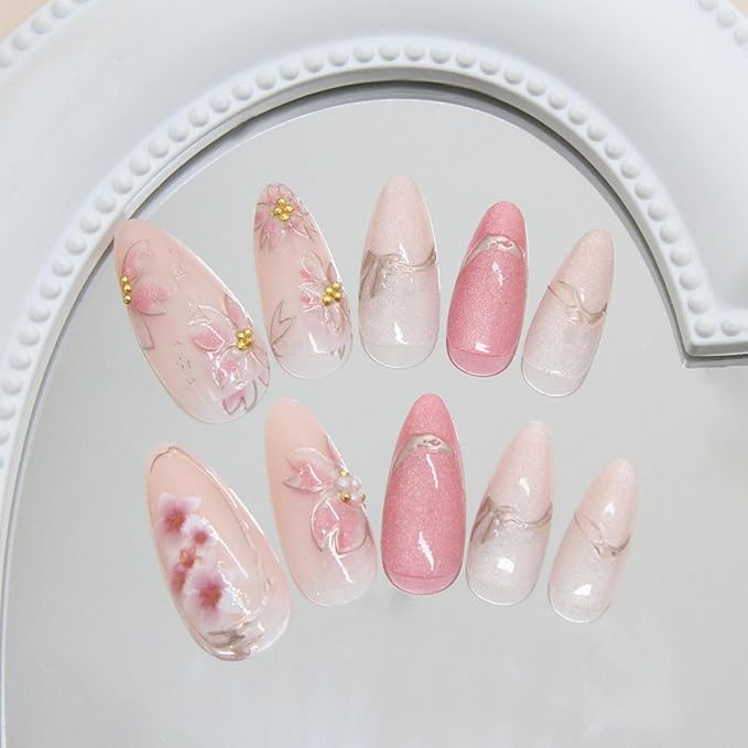 Flower Press on Nails Long Almond Fake Nails Pink Nude False Nails Peach Blossom Petals Glitter Gold Line with Rhinestone Design Pearl Glossy Glue on Nail for Women Decoration Manicure Set