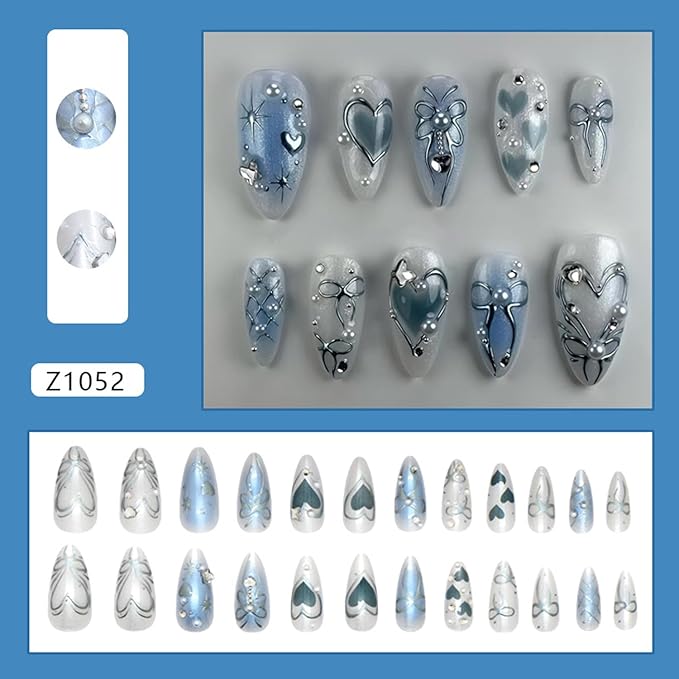 24pcs Dark Blue Press on Nails Medium Almond Fake Nails Press on With Hand Drawn Metal Lines Design Full Cover False Y2k Glitter Press On Sparkling Heart Bow Pearl Full Cover Stick on Nails for Women