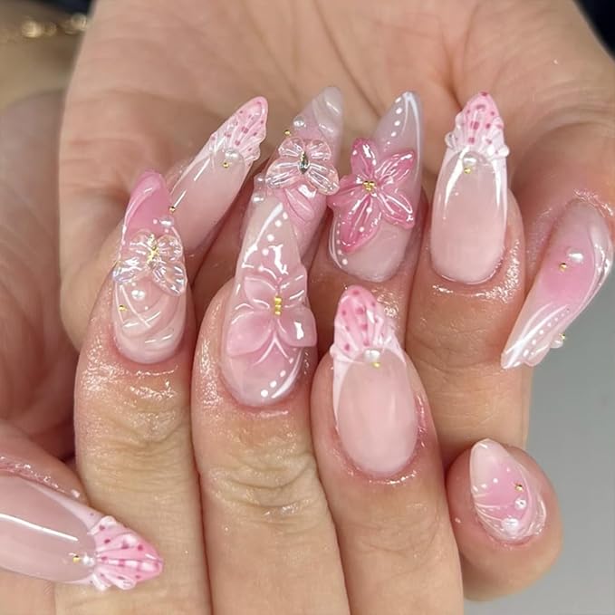 24Pcs Handmade Press on Nails Medium Almond Fake Nails with Flower Designs Clear 3D Butterfly Charms Pearl Beads Rhinestones Acrylic Nail Glossy French Tips Glue on Nails for Women Daily Wear