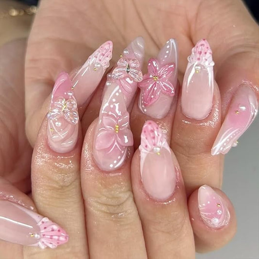 24Pcs Handmade Press on Nails Medium Almond Fake Nails with Flower Designs Clear 3D Butterfly Charms Pearl Beads Rhinestones Acrylic Nail Glossy French Tips Glue on Nails for Women Daily Wear