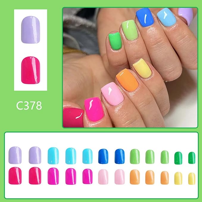 Short Press On Nails Square Fake Nails Colorful With Design Summer False Nails Acrylic Artificial Nails Glossy Glue On Nails Reusable Full Cover Stick On Nails For Women Manicure Decorations 24pcs
