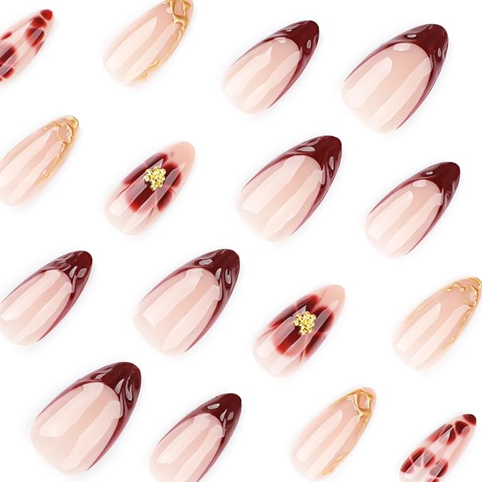 24pcs Red French Tip Press on Nails Short Almond Fake Nails with 3D Gold Stripe Bead Designs Red Flower Glue on Nails Summer False Nails Full Cover Acrylic Nail Tips Stick on Nails for Women