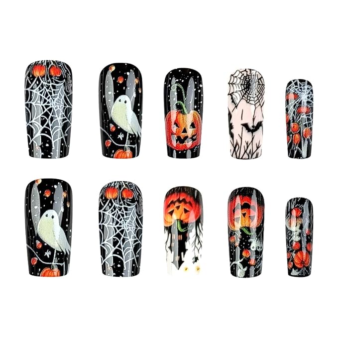 24Pcs Halloween Press on Nails Medium Square Pumpkin Fake Nails Spider Web Bat Castle with Cute Ghost Design Horror Stick on Nail Gothic False Nails Acrylic Glue on Nail for Women Manicure DIY