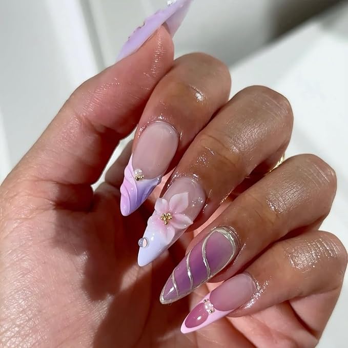 24Pcs Purple Flower Press on Nails Almond Fake Nails 3D Flowers False Nail with Pearl Water Droplet Designs Medium French Tips Glue on Nails Flower Purple Acrylic Nails for Women DIY Manicure