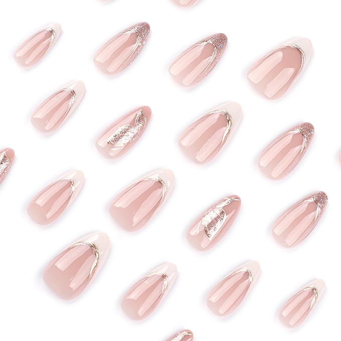 3D Gold Line French Tips Press On Nails Almond Medium, Butterfly Pattern Designer Reusable Acrylic Nails Press Ons, Fake Nails With Glue On, Daily Wear Floral False Nails For Women