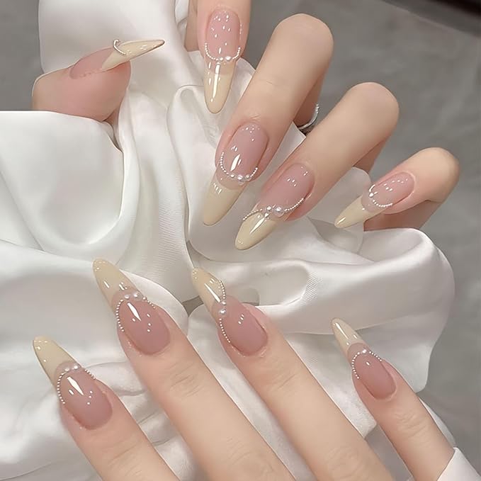 IMRAIN Press on Nails Long Stiletto Fake Nails Pearl French Tips False Nails Glossy Full Cover Glue on Artificial Nails for Women Girls 24Pcs